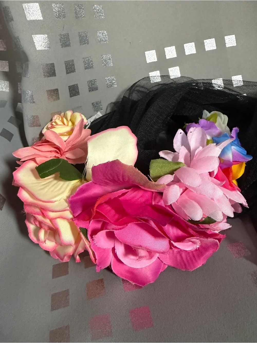 Adult Floral Multicolor Headband with Black Veil
